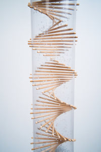 Pale blue glass beads produce a heavy rain sound as they ricochet among the wooden spiral patterned sticks while descending within the clear tube of this long duration rainstick instrument by Rainstick Dreams. 