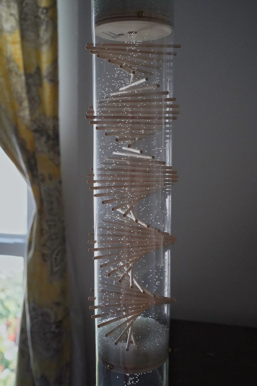 The glass microbeads sparkle in the natural light coming in from the window behind the clear spiral sounds rainstick. The midway rainstick has a visible wooden spiral through the clear tube. A window and curtain are behind the rainstick. This is a 3 minute rainstick made by Rainstick Dreams in Pittsburgh, PA.